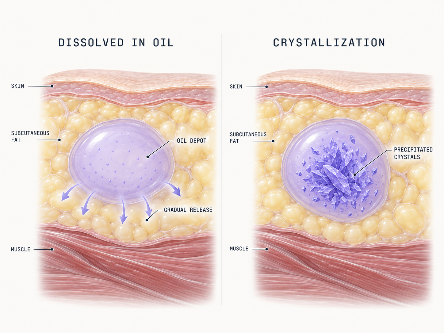 Conceptual tissue comparison showing testosterone dissolved in an oil depot and precipitated crystals